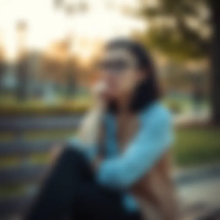 A 28-year-old woman sitting on a bench, looking worried and thoughtful, with a park in the background. She appears to be struggling with personal issues, seeking support from her community.