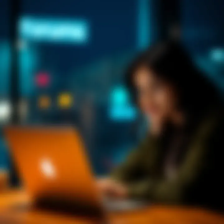 A 26-year-old woman sitting at a laptop, looking thoughtful as she engages with online forums for advice.