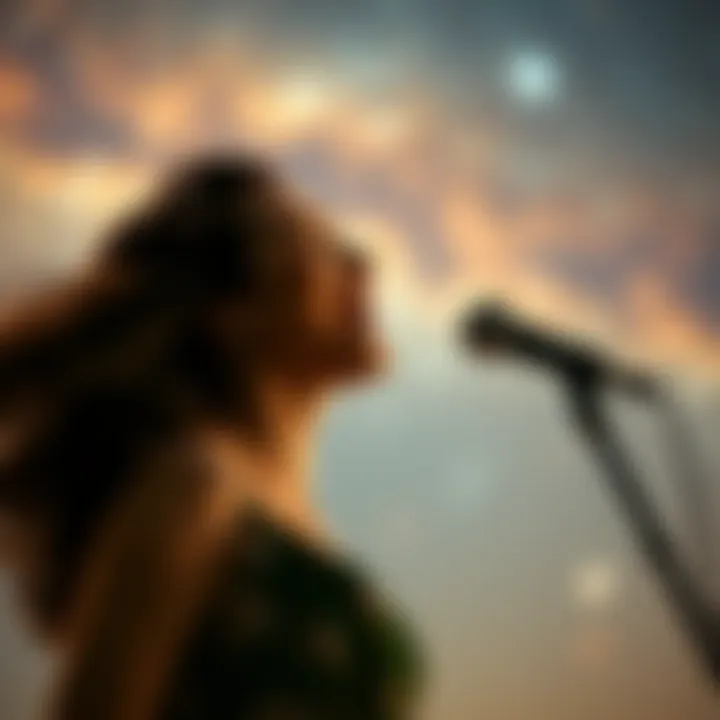 A young woman singing joyfully under a starlit sky, inspired by the muses Apollo and Orpheus.