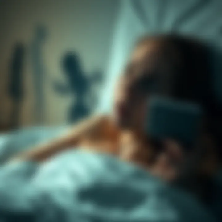 A woman lying in bed with a frightened expression, as shadowy figures loom in the background, suggesting a sleep paralysis experience or alien encounter.