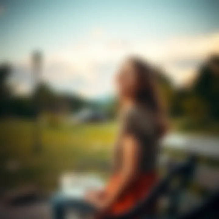 A woman sitting peacefully on a park bench, embracing the joy of being alone in nature, smiling with a sense of contentment