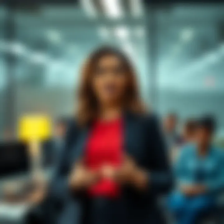 A woman stands confidently in an office setting, expressing her concerns about workplace harassment to an attentive audience