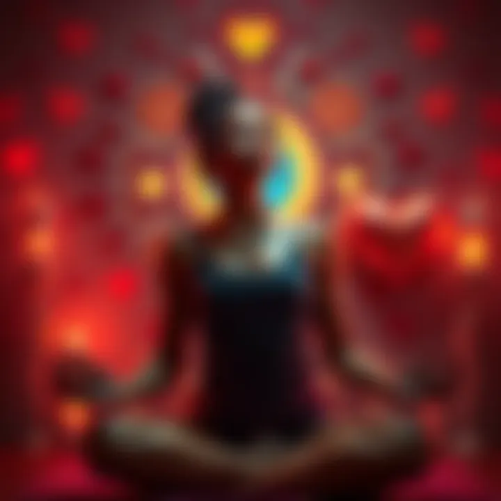 A woman in a yoga pose surrounded by symbols of love and LGBTQ pride, looking thoughtful