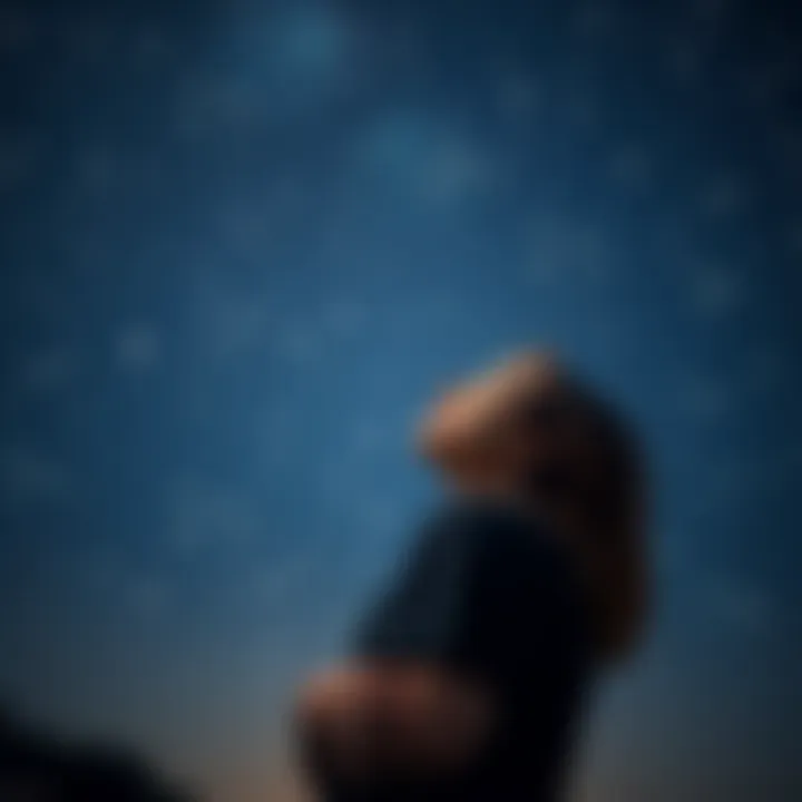 A woman stands outside under a starlit sky, looking up with a thoughtful expression, reflecting on loss and connection with a departed loved one.
