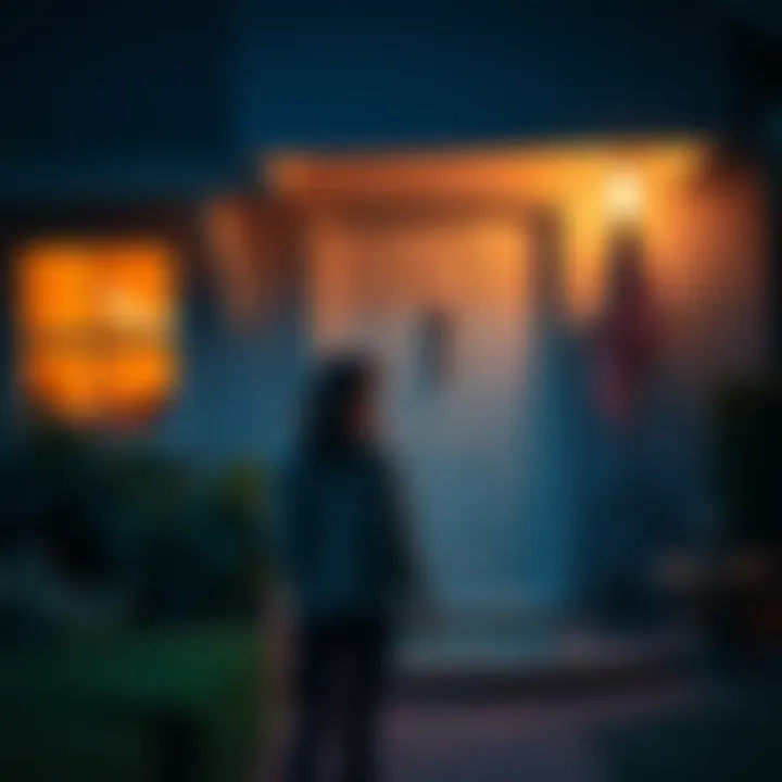 A woman stands close to a home's front door, looking inside during the early morning hours