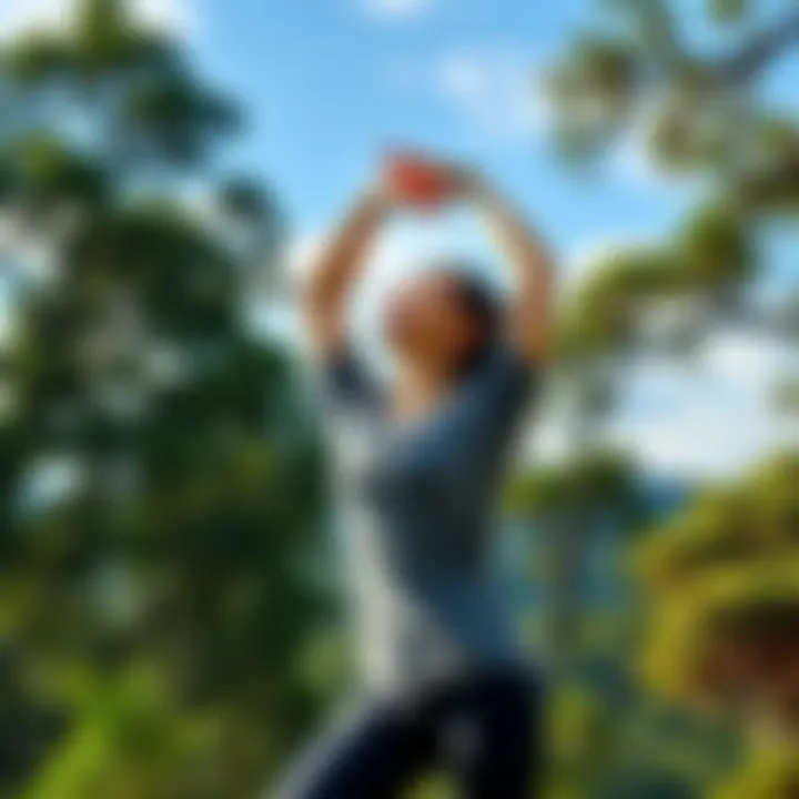 A woman in comfortable clothing stretches her arms above her head, surrounded by trees and natural scenery, symbolizing balance and energy healing.