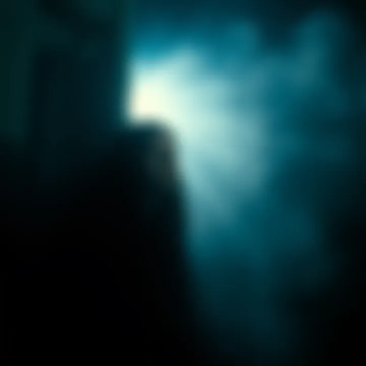 A woman looking scared in a dimly lit room, shadows swirling around her as she hears voices calling her name.