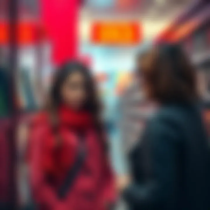 A woman in a mall bookstore appears disturbed as she talks to herself, repeating names and phrases, while a shopper looks on with concern.