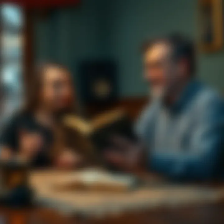 A woman explains her pagan beliefs to a Christian man, showing a book about witchcraft while sitting together at a table.