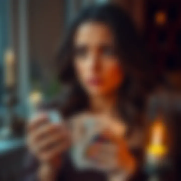 A woman looks concerned while holding tarot cards, representing her doubts about her boyfriend's fidelity. She gazes thoughtfully, surrounded by symbolic items that hint at trust issues and relationships.