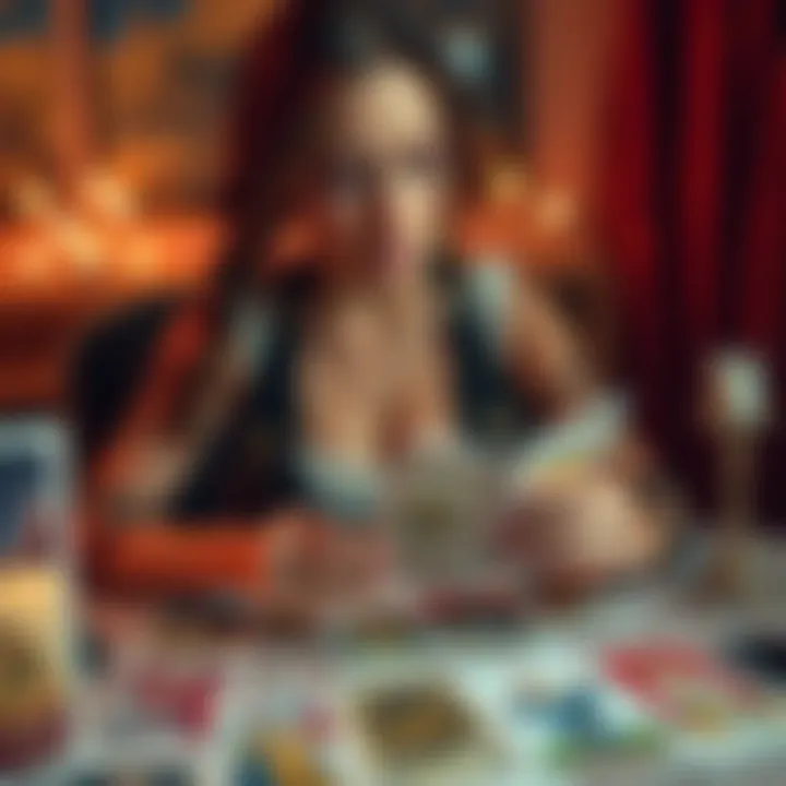 A woman seated at a table with tarot cards spread out, looking contemplative and emotional, reflecting on her relationship dilemma.