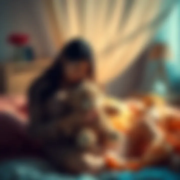 A woman sitting on a bed, holding a teddy bear, with a sad expression as she reflects on her dreams of her unborn child.