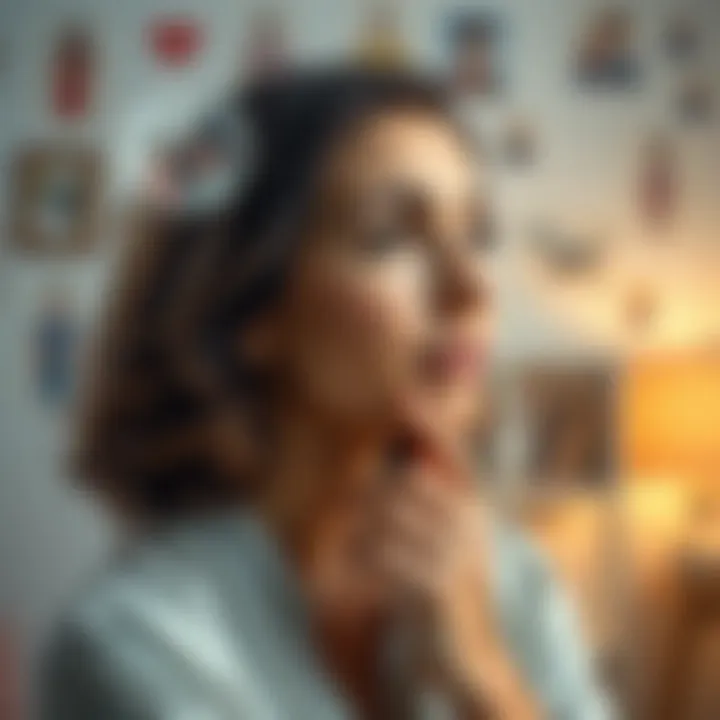 A woman in her 30s contemplates motherhood with a thoughtful expression, surrounded by symbols of family life and personal choices.