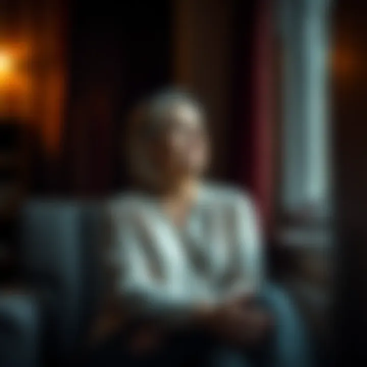 A 52-year-old woman sits alone in a cozy, dimly lit room, her expression reflecting deep emotions of longing and contemplation, as she looks out a window