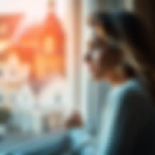 A woman gazes out a window, reflecting on her emotions after a short marriage. She appears contemplative and hopeful about the future.