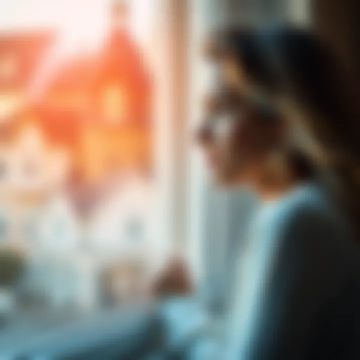 A woman gazes out a window, reflecting on her emotions after a short marriage. She appears contemplative and hopeful about the future.
