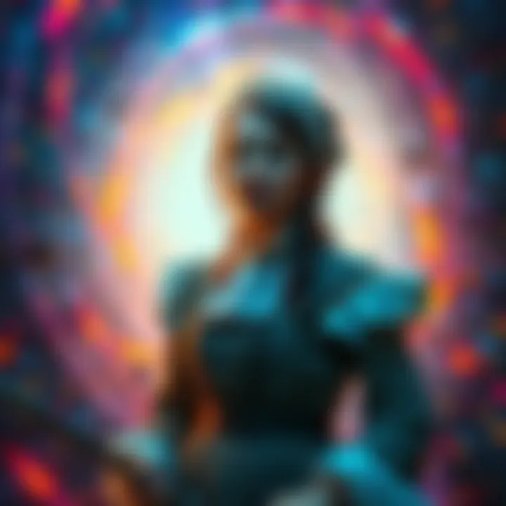 A woman dressed in 1770s clothing looking bewildered as she travels through a colorful time vortex