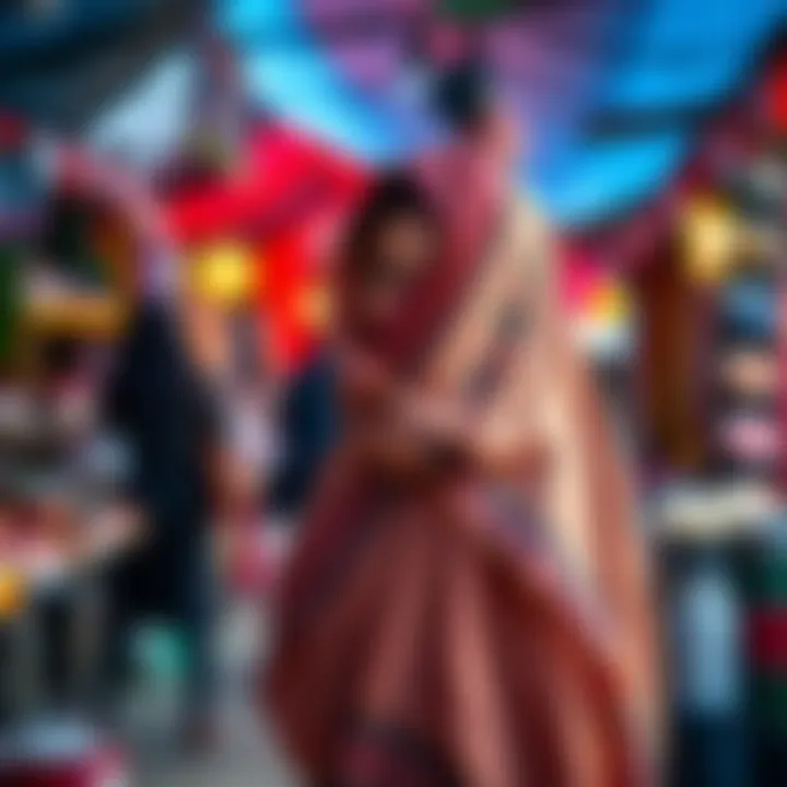 A woman wearing a colorful veil, showcasing cultural patterns, walking in a vibrant market, reflecting the significance of veiling in her community.