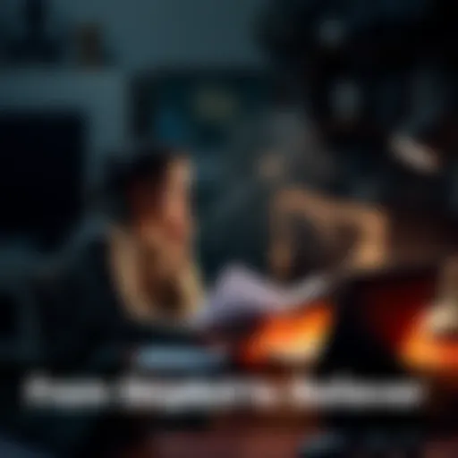 A woman sitting at a table with documents and a laptop, deep in thought about conspiracy theories and government corruption.