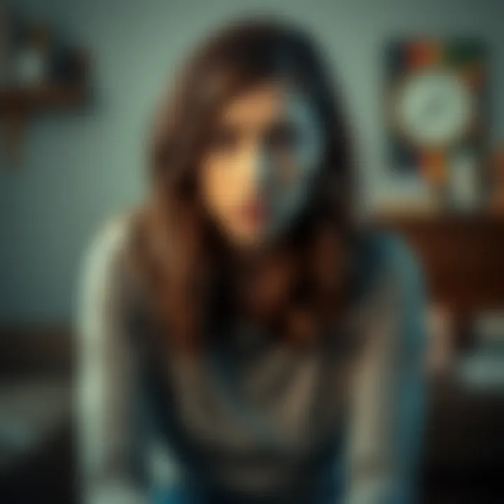 A woman sitting alone, looking distressed and overwhelmed, with a blurred background representing chaos and confusion in her life after her husband's affair.