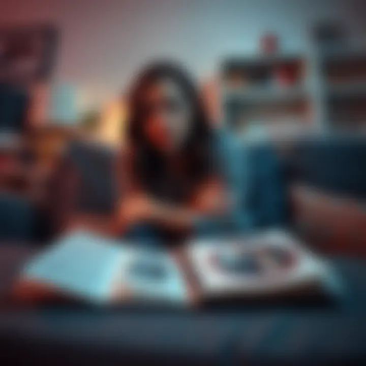 A woman sits on her couch, looking distressed as she reflects on her breakup, with signs of conflict in her relationship visible around her, like an open book on esoteric beliefs and a family photo in...