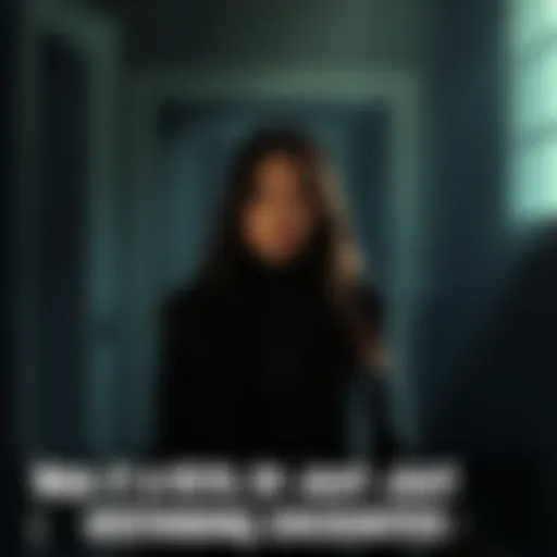 A woman dressed in dark clothes stands in a dimly lit room, appearing anxious and reflective, with shadows cast around her.