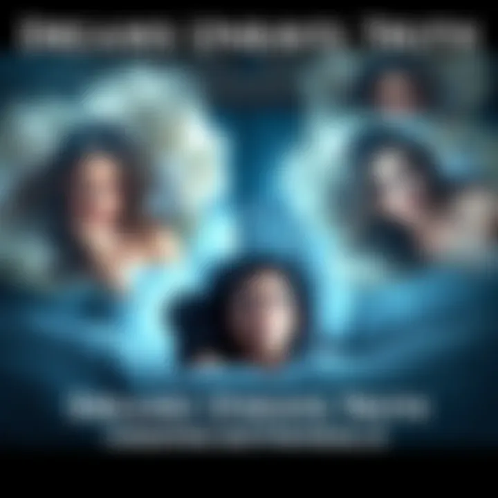 A woman lying in bed with a worried expression, surrounded by dream-like images of a mysterious girl, symbolizing her suspicions of cheating.