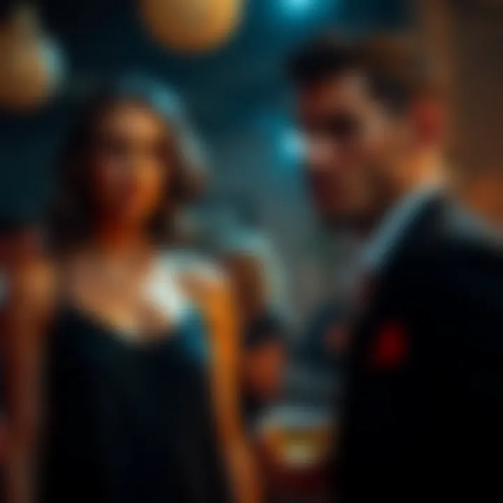 A woman standing alone at a party, looking uneasy as a man approaches closely with a bold expression