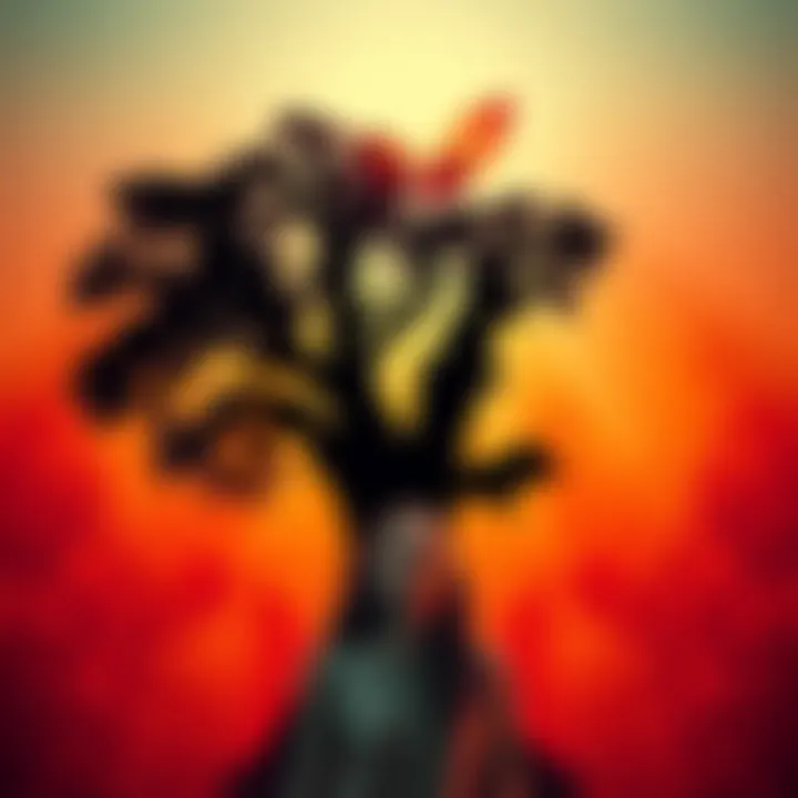 A woman stands under a half-burnt tree wallpaper featuring a tilted Apple logo, creating an unusual atmosphere.