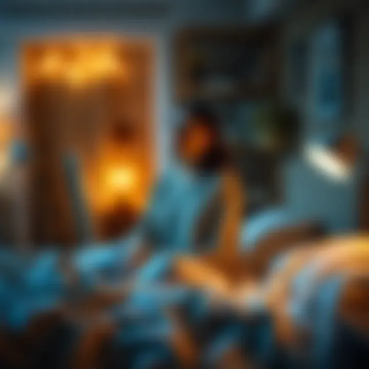 A woman sits up in bed, looking surprised and alert in a warm, inviting basement room, with soft lighting and homely decorations.