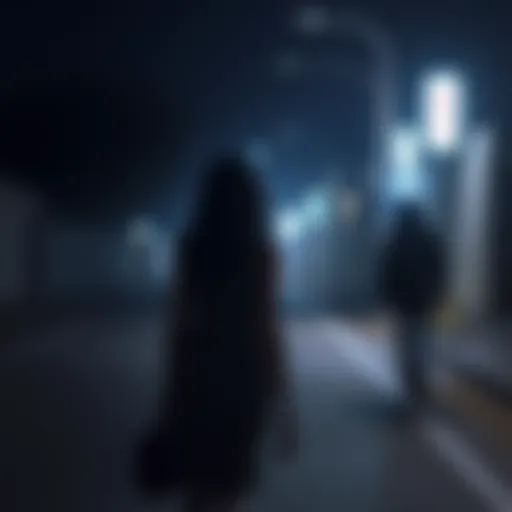 A 22-year-old woman walking on a dimly lit street, looking back nervously as a shadowy figure follows her from a distance.