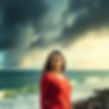 A concerned woman stands by the ocean, looking anxious as ominous clouds gather above, symbolizing a looming threat over the East Coast.