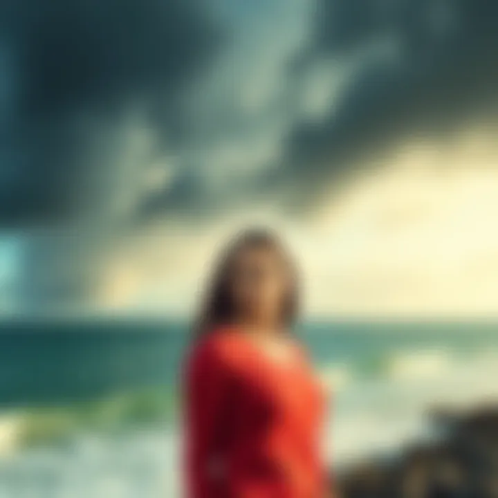 Woman Warns of East Coast Threat A concerned woman stands by the ocean, looking anxious as ominous clouds gather above, symbolizing a looming threat over the East Coast.