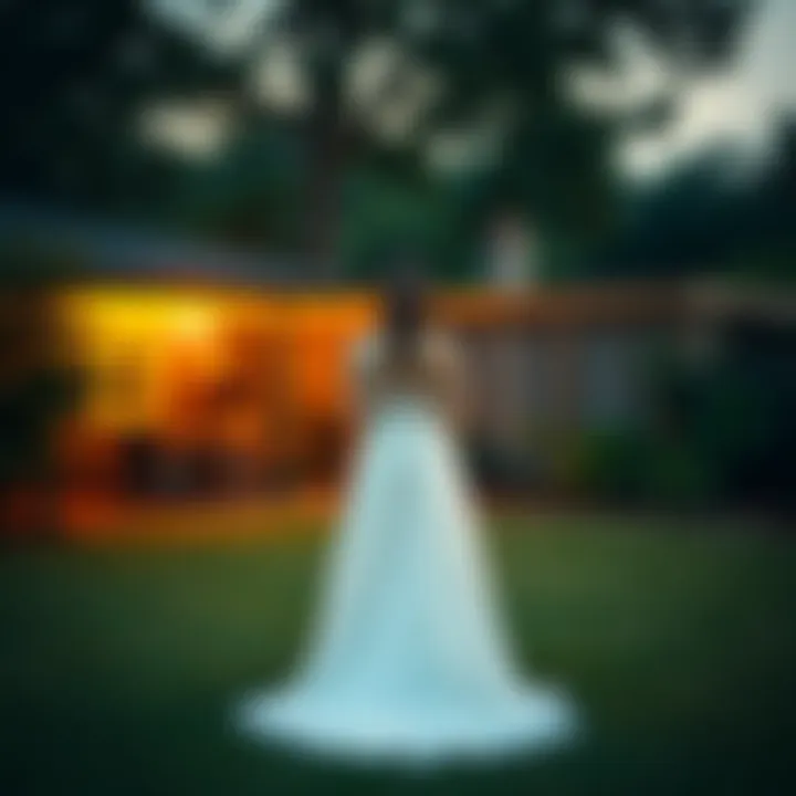 A woman in a wedding dress stands in a backyard, looking puzzled at a missing front step.