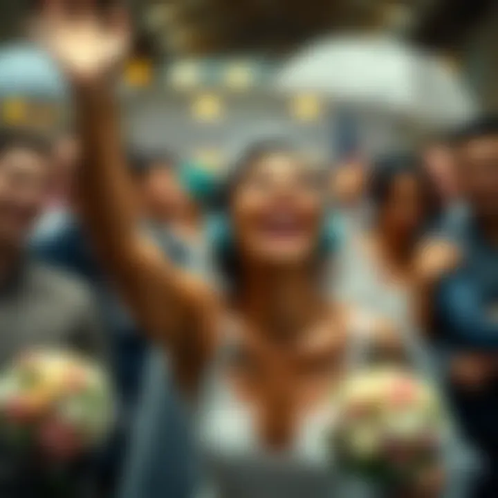 A woman joyfully celebrating her wedding day despite rain, surrounded by friends and family, with smiles and laughter, demonstrating resilience and positivity in the face of challenges.