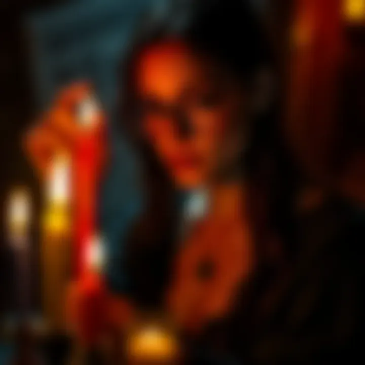 A woman practicing witchcraft by using candles and herbs to appear shorter and more feminine