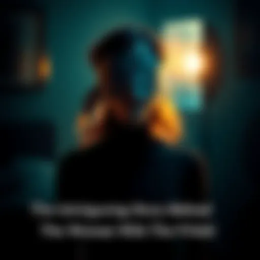 A woman wearing a blindfold stands in a dimly lit room, surrounded by shadows, evoking curiosity about her past and present.