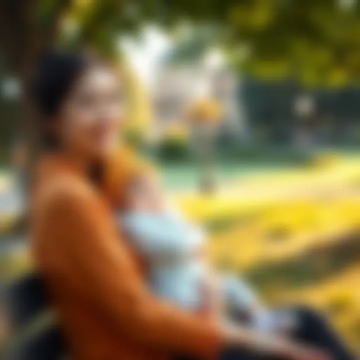 A young woman holding a baby, smiling warmly while sitting in a park