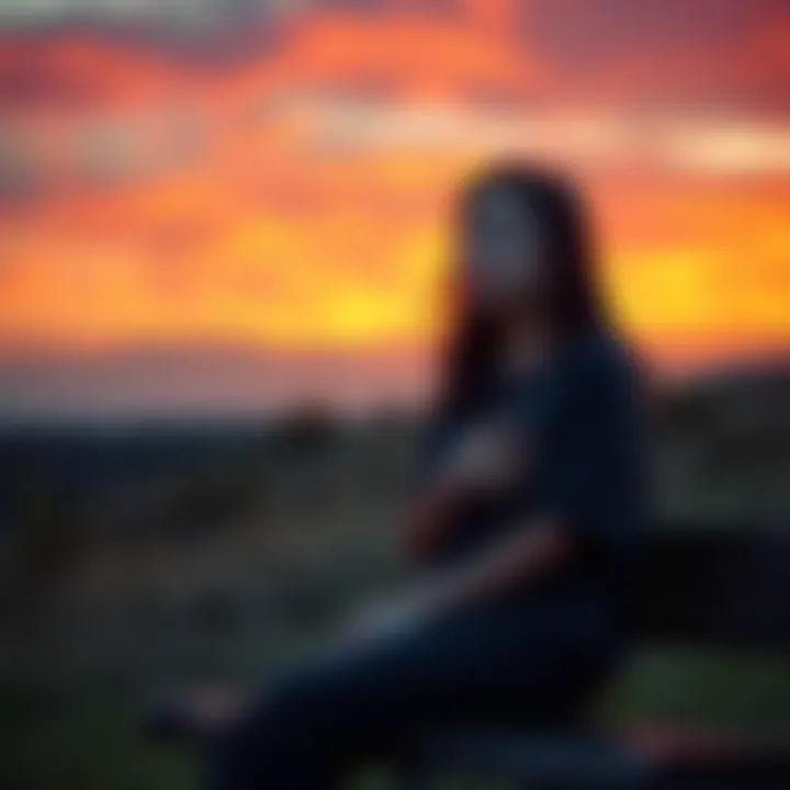 Woman with a heavy heart A woman sitting alone on a bench, looking at the sunset with tears in her eyes, symbolizing loss and hope through manifestation practices.