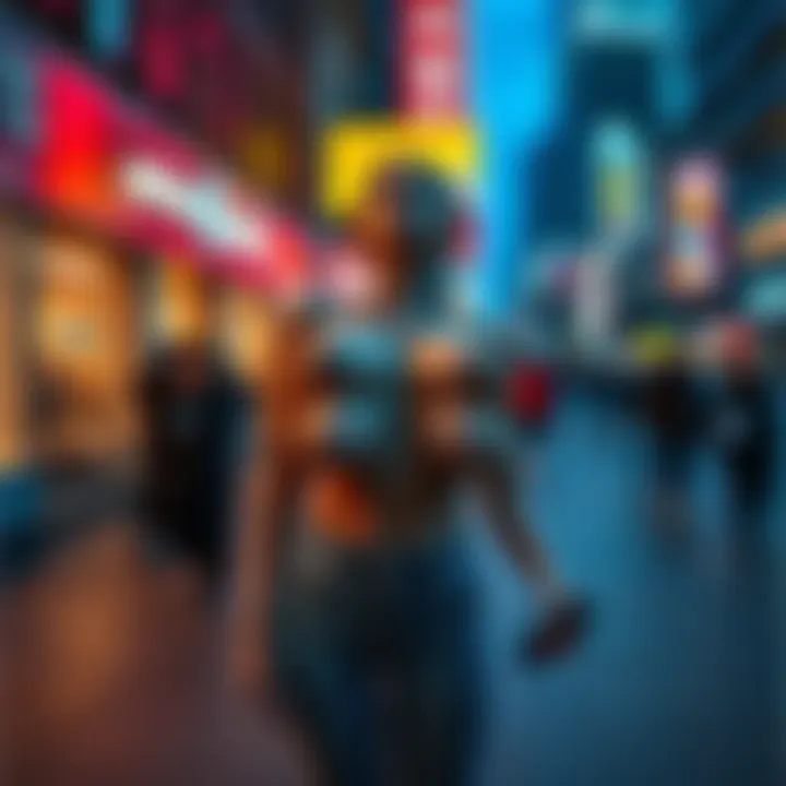 A woman standing with 12 breasts, attracting attention in a city setting.
