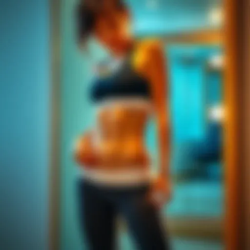 A woman stands confidently in workout attire, highlighting her hips while posing in front of a mirror to showcase her body shape