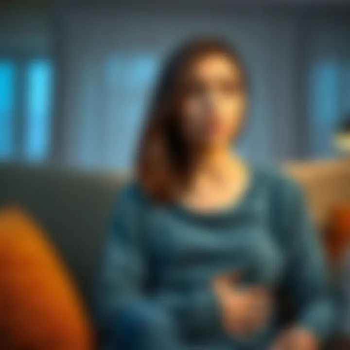 A woman sitting on a couch with a concerned expression, holding her stomach as if feeling ill after hearing about her friend's late partner.