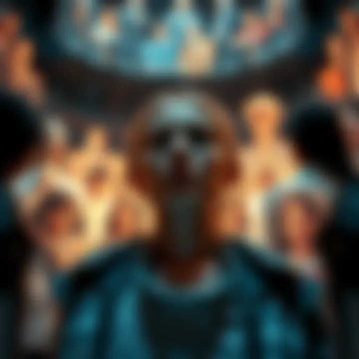 A woman surrounded by holograms of people from her past, viewing moments of her life, including memories of past humiliation and time as a cockroach.