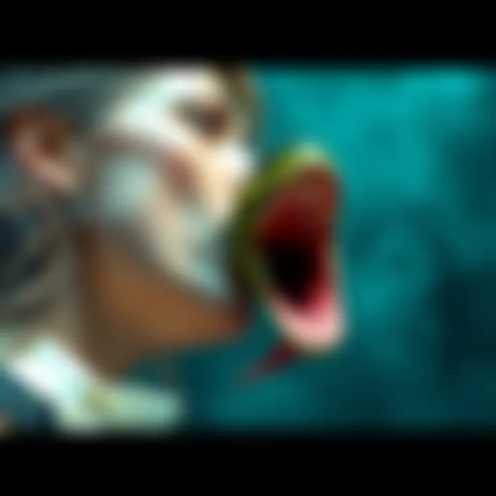 A woman leans in for a kiss, her tongue transformed into a snake, striking towards a shocked narrator.