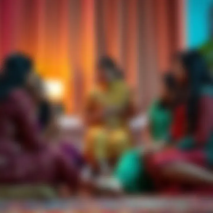 A group of women sitting in a circle sharing their experiences about stomach aches, with one woman holding her stomach in discomfort.