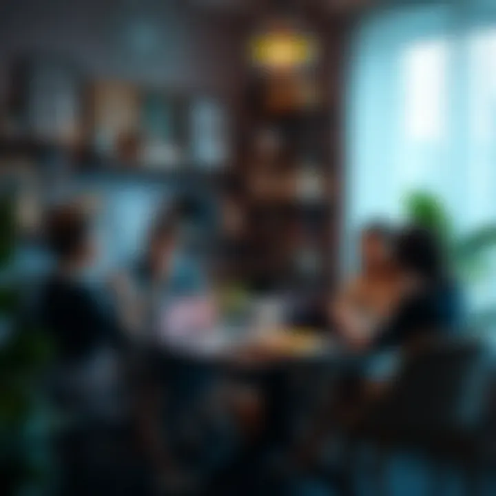 A group of women brainstorming and creating subliminal content in a cozy workspace, surrounded by inspirational materials.