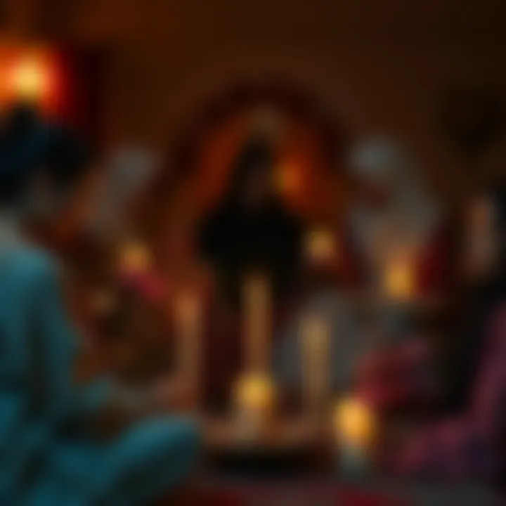 A group of women engaged in a spiritual ceremony, celebrating menstruation as a sacred practice with floral decorations and candles.