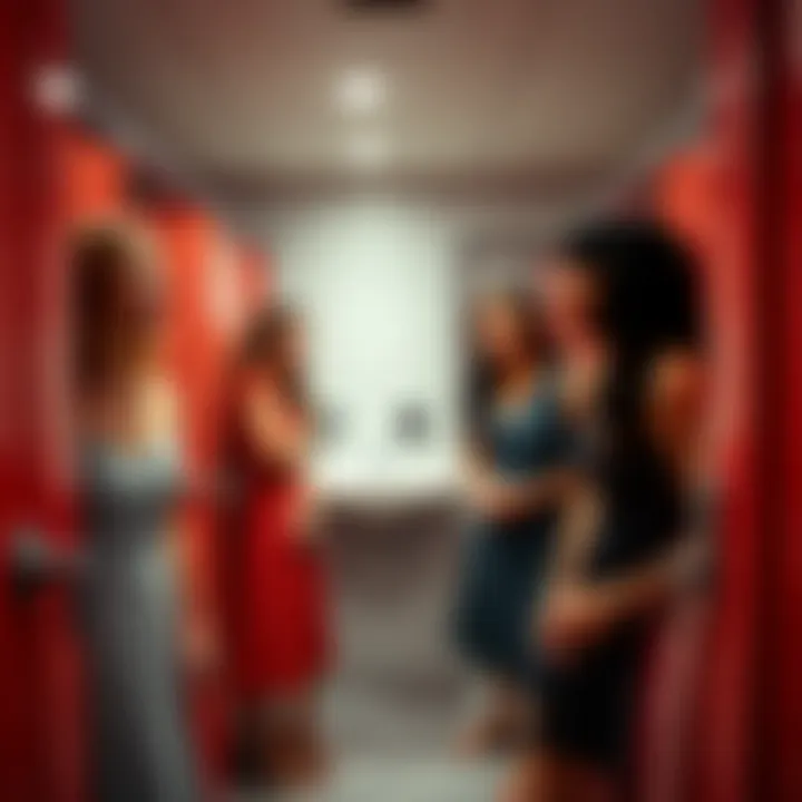 A group of women laughing together in a restroom, highlighting the shared experience of using the facilities.
