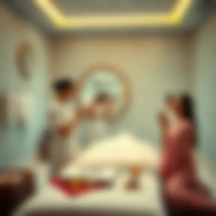 A serene scene showing women in comfortable spa attire preparing for an Abhyanga massage at an Ayurvedic spa, focusing on relaxation and comfort.