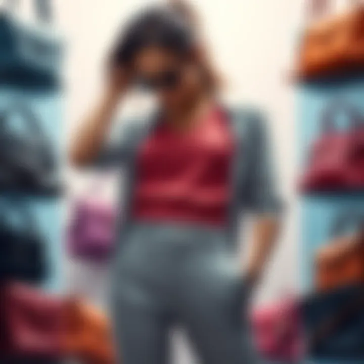 A woman examining her pants with barely-there pockets, surrounded by stylish handbags, highlighting the disparity in design.